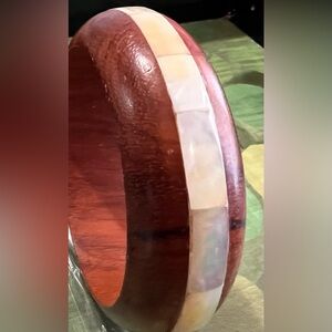 Vintage Wood Bangle Bracelet Mother of Pearl Inlay Boho Natural Shell Wide